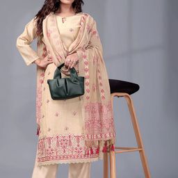 GRIOPY Women Ethnic Motifs Embroidered Thread Work Linen Kurta with Trousers & Dupatta-picture-5