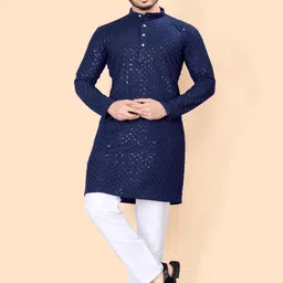 PulseIQ Men Striped Embroidered Mandarin Collar Regular Sequinned Kurtas & Pyjamas-picture-18