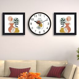 RANDOM White & Peach 3 Pieces Printed Contemporary Wall Clock & Wall Art-image-89