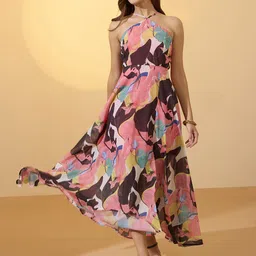 Globus Abstract Print Halter Neck Flared Hem A-Line Resort Maxi Dress-picture-14