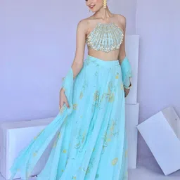 Foram Patel Cowrie Embroidered Halter Neck Crop Top & Sharara With Dupatta Co-Ords-picture-39