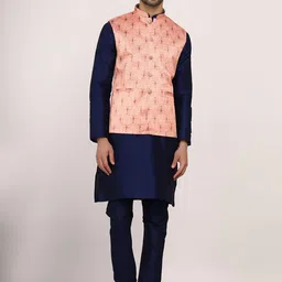 Sadree Mandarin Collar Long Sleeves Indigo Straight Kurta with Churidar & Nehru jacket-image-35