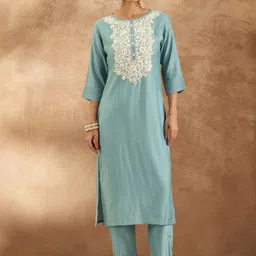 Indo Era Women Ethnic Motifs Embroidered Regular Thread Work Kurta with Trousers-image-46