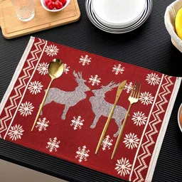 ANA 2Pcs Red & White Jaquard Woven Rectangle Table Placemats-5
