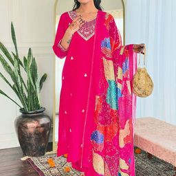THE52 Women Embroidered Regular Kurta with Trousers & Dupatta-picture-32