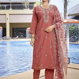 Royal Export Floral Embroidered Sequinned ChanderiStraight Kurta With Trousers & Dupatta-51