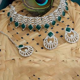 Atasi International Silver-Plated Emerlad Diamond Studded Jewellery Set-image-94