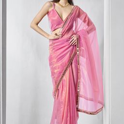 Mitera Beads and Stones Mirror Work Organza Saree-53