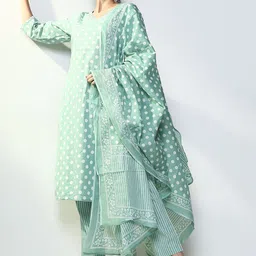 SHOWOFF Women Embroidered Regular Thread Work Kurta with Trousers & With Dupatta-17