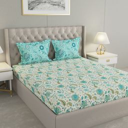 Raymond Home Green & Turquoise Blue Floral 120 TC Queen Bedsheet with 2 Pillow Covers-image-40