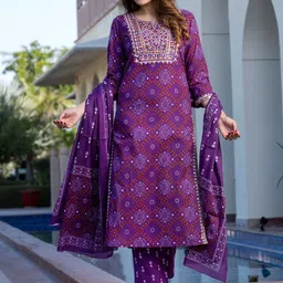 KALINI Women Bandhani Embroidered Regular Sequinned Pure Cotton Kurta with Trousers & With Dupatta-6