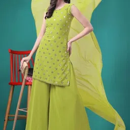 PARROT CREATION Geometric Embroidered Sequinned Georgette Kurti with Sharara And Dupatta image 5