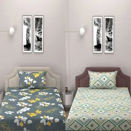 BELVOSTUM Grey & Green Floral 250 TC 2 Single Bedsheet with 2 Pillow Covers-picture-34
