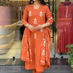 URMIR FASHION Women Orange Embroidered Viscose Rayon Straight Kurta & Trousers With Dupatta-picture-25