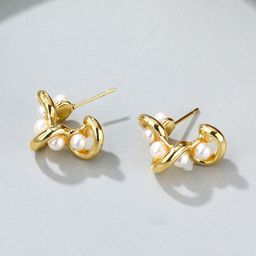 VIEN Stainless Steel 18K Gold-Plated Pearls Beaded Contemporary Hoop Earrings-image-70
