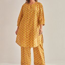 TARA-C-TARA Floral Block Printed Keyhole Neck Pure Cotton Tunic With Palazzo-picture-16