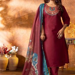 Fairypink Floral Yoke Design Cotton Silk Straight Kurta With Trousers & Dupatta-image-78