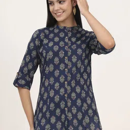 Divena Women Ethnic Motifs Printed Mandarin Collar Roll-Up Sleeves Cotton A-Line top-image-67