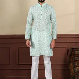 Koshin Floral Printed Linen Mandarin Collar Straight Kurta With Pyjamas-picture-13
