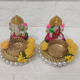 Sellplus 2Pcs White & Yellow Textured lakshmi JI & Ganesh Ji T-Light Candle Holders-image-83