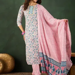 Vastramyaa Women Floral Printed Regular Mirror Work Pure Cotton Kurta with Trousers & With Dupatta-45