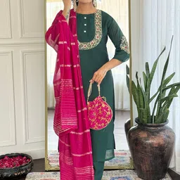 KALINI Women Woven Design Embroidered Kurta with Trousers & Dupatta image 2
