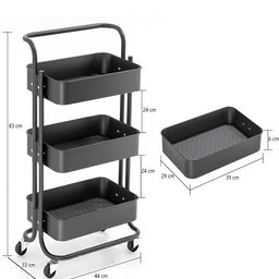 KriShyam Black Metal 3-Tier Mesh Rolling Utility Cart With Lockable Wheels image 2