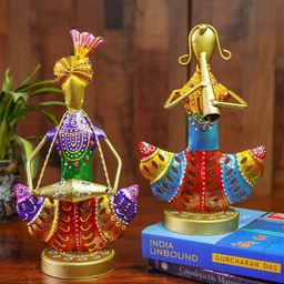 Ekhasa Gold-Toned and Blue 2 Pieces Rajasthani Musicians Metal Figurine Showpiece-6