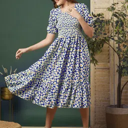 PTVIZE Women Floral Printed Smocked Tiered Crepe Fit & Flare Dress-picture-2
