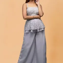 PARROT CREATION Mirror Embroidered Sequinned Round Neck Kurti with Sharara & Dupatta-image-6