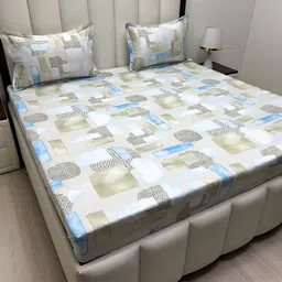 Pure Decor White & Blue Geometric 300 TC Queen Bedsheet with 2 Pillow Covers-picture-8