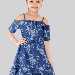 Naughty Ninos Floral Print Cold-Shoulder Ruffled Denim Fit & Flare Dress-image-40
