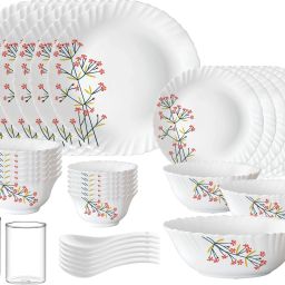 Pack of 35 Opalware RB{{Dinner plate 10"(6 pcs) || Quarter plate 7.5"(6 pcs) || Rice Bowl 8.5" 1.2 Ltr (1 Pc) || Veg bowl 4.3"(6 Pcs) || Small Veg Bowl 3.9"(6 pcs) || Serving Bowl 7"(2 pcs) || Spoon (6 pcs) || Juice Glass 120ml (2 Pcs)}} Dinner Set-7