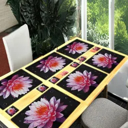 REVEXO Black & Pink 12 Pieces Floral Printed Table Placemats & Coasters-15