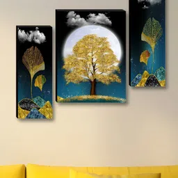 SAF Navy Blue & Gold-Toned 3 Pieces Tree And Moon Printed Wooden Wall Art-image-63