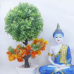Aura White & Green 2 Pieces Marble Buddha Idol Showpiece With Bonsai Plant-image-16