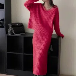 Alamode By Akanksha Pink Orlee Winter Coord Set- Set Of Sweater And Skirt-image-36