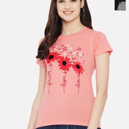 Tromko Women Pack of 2 Typography Printed Round Neck Cotton Regular Fit T-shirts-image-99