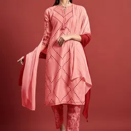 all about you Geometric Printed Regular Straight Kurta with Trousers & Dupatta image 1