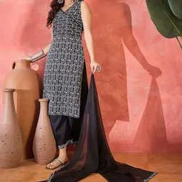 Sangria Geometric Printed Straight Kurta With Trouser & Dupatta Set-3