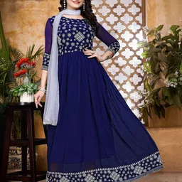 NANDKASHI Ethnic Motifs Embroidered Pure Georgette Dress With Dupatta-picture-1