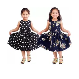 Alisha Moda Girls Pack Of 2 Polka Dot And Floral Print Crepe Fit & Flare Dress-image-18