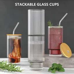 FINSTER Set Of 3 Transparent Glass Coffee Sipper Mug With Straw & Lid - 300 ml-24