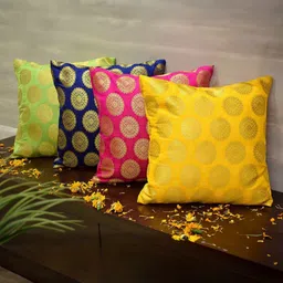 RoyalDeco Green & Beige 4 Pieces Ethnic Motifs Brocade Square Cushion Covers-image-61