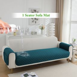 HOKIPO Peacock Blue 3 Pieces Quilted Waterproof 1 Seater Sofa Cover With Arms & Pockets-image-71