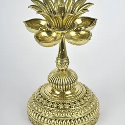 Exotic India 5" Superfine Designer Oil Lamp in Brass Spiritual Ritual Decor-image-30
