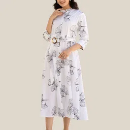 Kaftanize Women Off White Bold Ginkgo Leaf Print Midi Dress In Black Viscose-picture-22