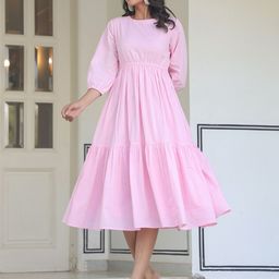 Janasya Women Light Pink Pure Cotton Solid Tiered Dresses-image-92