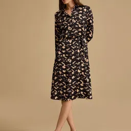 Kazo Abstract Printed Shirt Collar Cuffed Sleeves Shirt Midi Dress-image-74