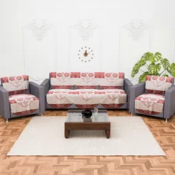 Aura Red & Beige 10 Pieces Floral Printed Cotton 5 Seater Sofa Covers-image-91